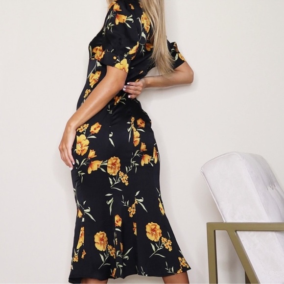PrettyLittleThing Black Floral Midi Dress Size 6 Puff Sleeve Draped Neck - Picture 6 of 9